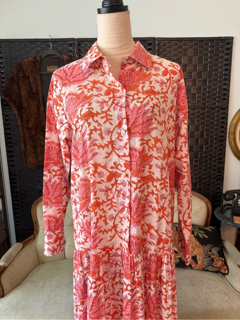 🌺 Guadalupe Design Meredith Floral Maxi Dress Coral Pink Cotton Tiered Boho M - Picture 4 of 12